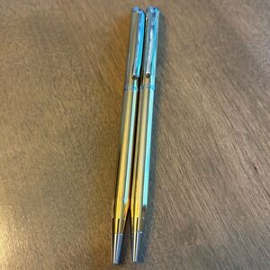 Quill Vtg Gold Tone Pinstripe Ballpoint Pens* (2) Slim Silver Clip Made in USA